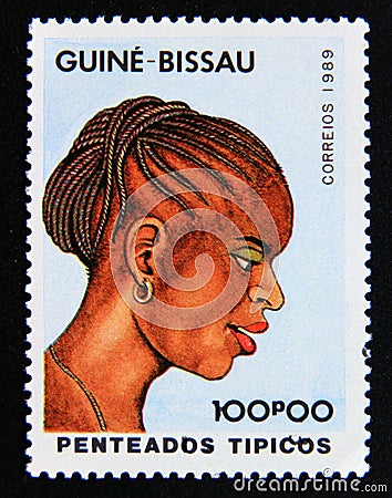 Postage stamp Guinea Bissau, 1989. Typical Traditional hairstyle Editorial Stock Photo
