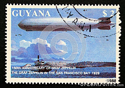 Postage stamp Guyana, 1988, Graf Zeppelin over San Francisco Editorial Stock Photo