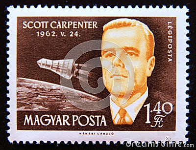 Postage stamp Hungary, 1962. Astronaut Scott Carpenter portrait Editorial Stock Photo
