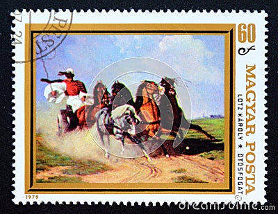 Postage stamp Hungary 1979. Coach and Five horses painting, KÃ¡roly Lotz Editorial Stock Photo