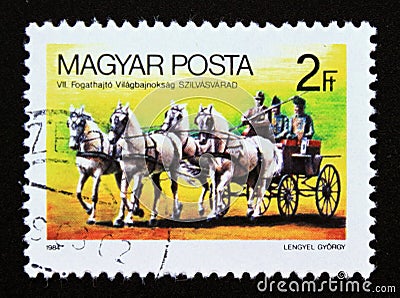 Postage stamp Hungary 1984. Horse Team World Championship, SzilvÃ¡svÃ¡rad Editorial Stock Photo