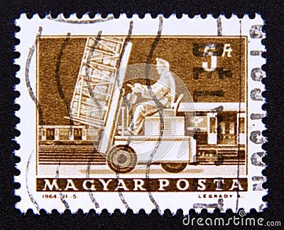 Postage stamp Hungary, Magyar 1964. Hydraulic lift truck and mail car Editorial Stock Photo