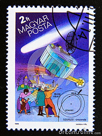 Postage stamp Hungary, Magyar, 1986. Japanese Suisei and German engraving Editorial Stock Photo
