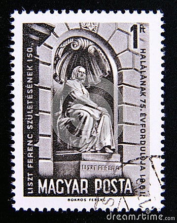 Postage stamp Hungary, Magyar, 1961. Statue of Liszt at the Main Entrance of the National Opera Editorial Stock Photo