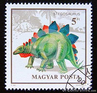 Postage stamp Hungary, Magyar, 1990. Stegosaurus dinosaur Editorial Stock Photo