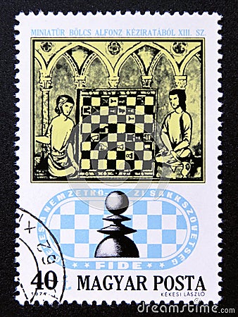 Postage stamp Hungary, 1974. 13th century Minature and Chess Pawn Editorial Stock Photo