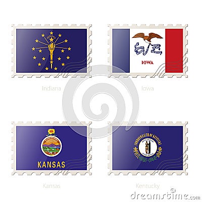 Postage stamp with the image of Indiana, Iowa, Kansas, Kentucky State Flag Vector Illustration