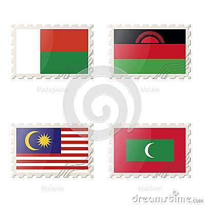 Postage stamp with the image of Madagascar, Malawi, Malaysia, Maldives flag Vector Illustration