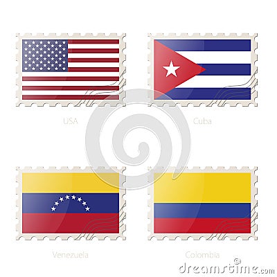 Postage stamp with the image of USA, Cuba, Venezuela, Colombia flag Vector Illustration