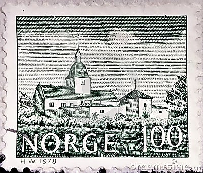 Postage stamp issued by Norway showing AustrÃ¥t Manor, 1650 Editorial Stock Photo