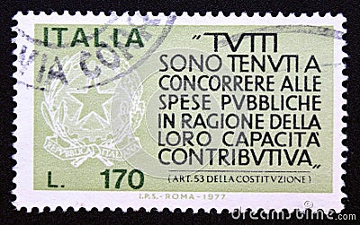 Postage stamp Italy, 1977, Encouragement to Taxpayers Editorial Stock Photo