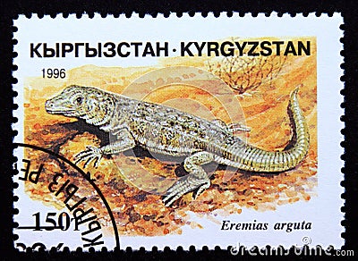 Postage stamp Kyrgyzstan 1996, Steppe-Runner, Eremias arguta Editorial Stock Photo