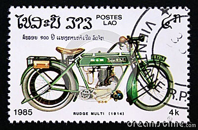 Postage stamp Laos, 1985, Rudge Multi 1914 motorcycle Editorial Stock Photo