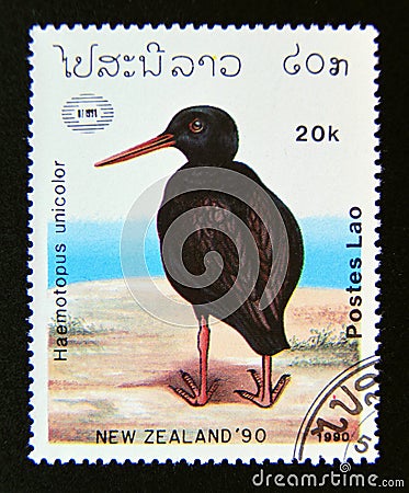 Postage stamp Laos, 1990. Variable Oystercatcher Haematopus ostralegus unicolor bird Editorial Stock Photo