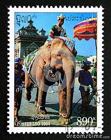 Postage stamp Laos 1994. White Asian Elephant Elephas maximus Editorial Stock Photo