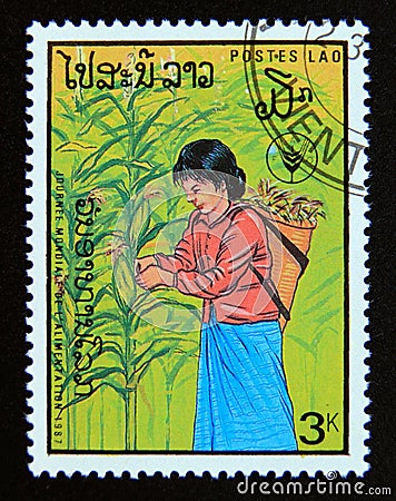 Postage stamp Laos, 1987. World Food Day agriculture Editorial Stock Photo