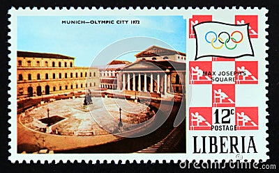 Postage stamp Liberia, 1971. Bayer, national theater Max Joseph place Editorial Stock Photo