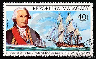 Postage stamp Madagascar 1975. FranÃ§ois Joseph Paul de Grasse; french frigate Randolph sailing ship Editorial Stock Photo