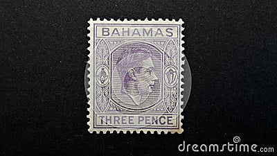 An old Bahama postage stamp. Three Pence. Editorial Stock Photo