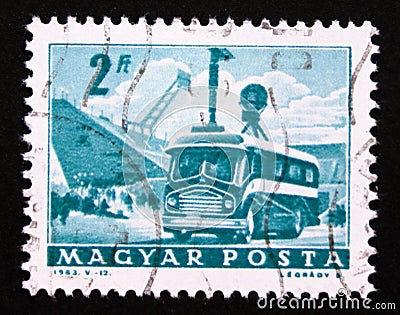 Postage stamp Magyar, Hungary, 1963, Mobile Radio Transmitter and Stadium Editorial Stock Photo