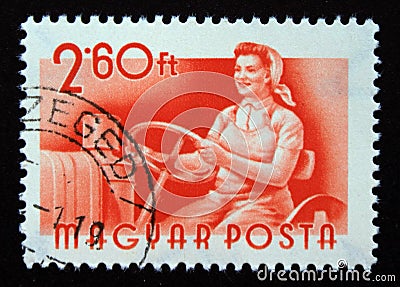 Postage stamp Magyar, Hungary, 1955, Woman tractor driver Editorial Stock Photo