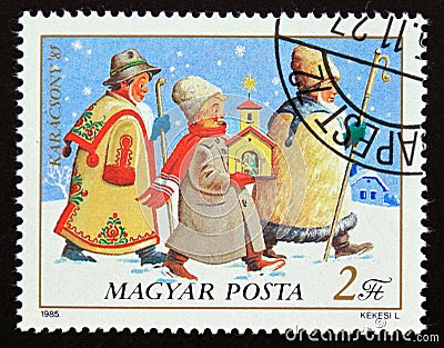 Postage stamp Magyar, Hungary, 1985, Youths caroling christmas Cartoon Illustration