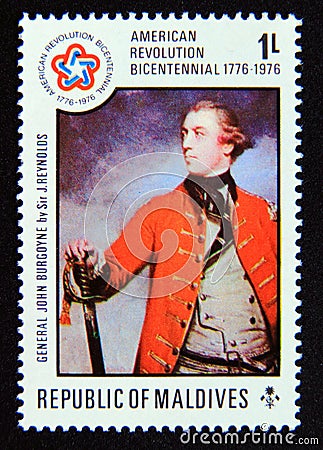 Postage stamp Maldives, 1976. General John Burgoyne painting by Reynold Joshua Editorial Stock Photo