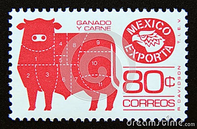 Postage stamp Mexico, 1976. Meat Cuts marked on bull Editorial Stock Photo