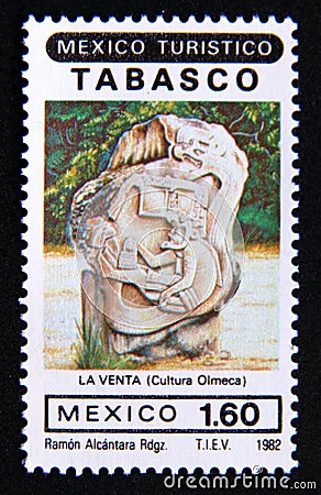 Postage stamp Mexico, 1982. State of Tabasco La Venta sculpture Editorial Stock Photo