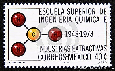 Postage stamp Mexico, 1973. Unsaturated Hydrocarbon Molecule Editorial Stock Photo