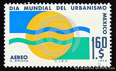 Postage stamp Mexico, 1976. World Town Planning Day the 4 elements Editorial Stock Photo