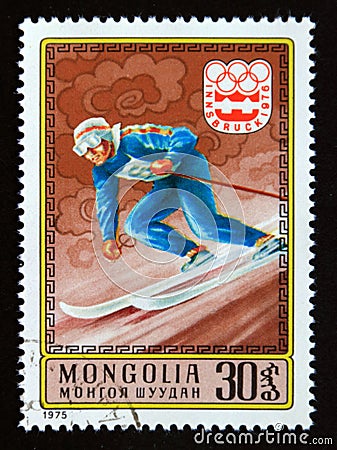 Postage stamp Mongolia, 1975. Alpine skiing Winter Olympic Games 1976 Innsbruck Editorial Stock Photo
