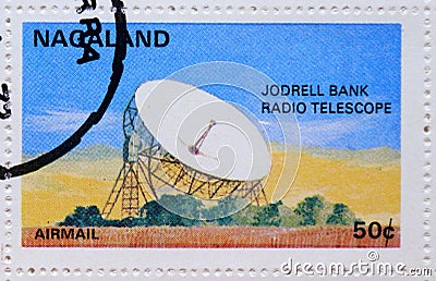 Postage stamp Nagaland, India, 1972, Jordell Bank Radio Telescope Editorial Stock Photo