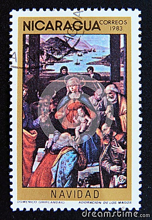 Postage stamp Nicaragua, 1983. Adoration of the kings painting Editorial Stock Photo