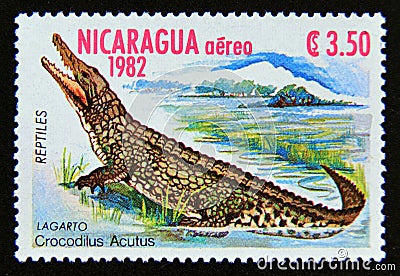 Postage stamp Nicaragua, 1982. American Crocodyle Crocodylus acutus reptile animal Editorial Stock Photo