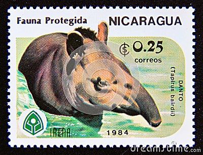 Postage stamp Nicaragua, 1984. Baird`s Tapir Tapirus bairdii animal Editorial Stock Photo