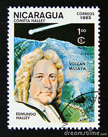 Postage stamp Nicaragua, 1985. Edmond Halley, Masaya Volcano and Comet Editorial Stock Photo