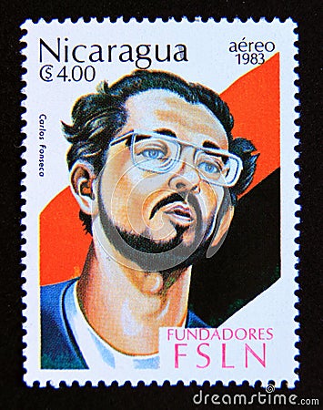 Postage stamp Nicaragua, 1983. Portrait of Carlos Fonseca Editorial Stock Photo