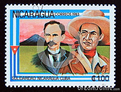 Postage stamp Nicaragua, 1983. Portraits of J. Marti and A.C. Sandino Editorial Stock Photo