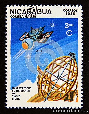 Postage stamp Nicaragua, 1985. Venus space probe and Tycho Brahe underground observatory Editorial Stock Photo