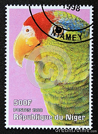 Postage stamp Niger, 1998. Parrot exotic bird Editorial Stock Photo