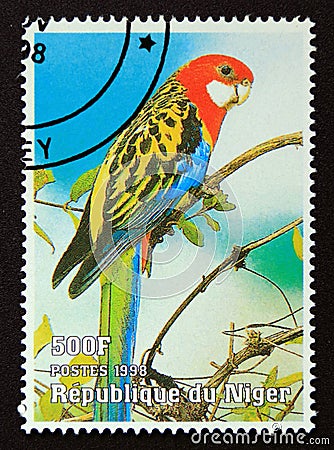 Postage stamp Niger, 1998. Parrot exotic bird Editorial Stock Photo