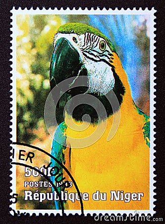 Postage stamp Niger, 1998. Parrot exotic bird Editorial Stock Photo