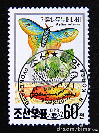 Postage stamp North Korea, 1991. Japanese Luna Moth Actias artemis butterfly Editorial Stock Photo