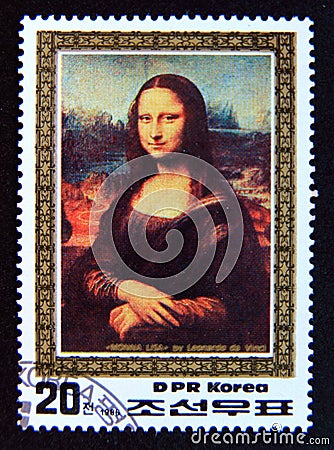 Postage stamp North Korea, 1986. Mona Lisa by Leonardo da Vinci portrait painting Editorial Stock Photo