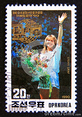 Postage stamp North Korea, 1990. Steffi Graf tennis player portrait Editorial Stock Photo