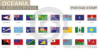 Postage stamp with Oceania flags. Set of 62 Oceanian flag. Vector Illustration