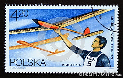 Postage stamp Poland, 1981, Gliders class F1A model sport Editorial Stock Photo