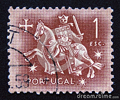 Old Postage stamp Portugal 1953. Knight on horseback from the seal of King Dinis Editorial Stock Photo