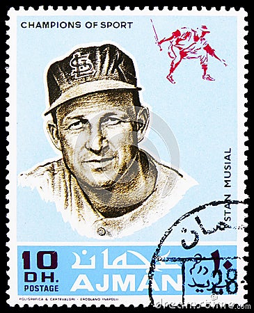Postage stamp printed in Ajman (United Arab Emirates) shows Stan Musial, Athletes (V) - Baseball serie, 10 United Arab Emirates Editorial Stock Photo